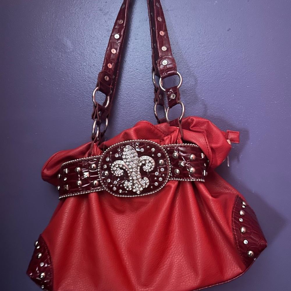 Red Studded Shoulder Bag with Metallic Hardware